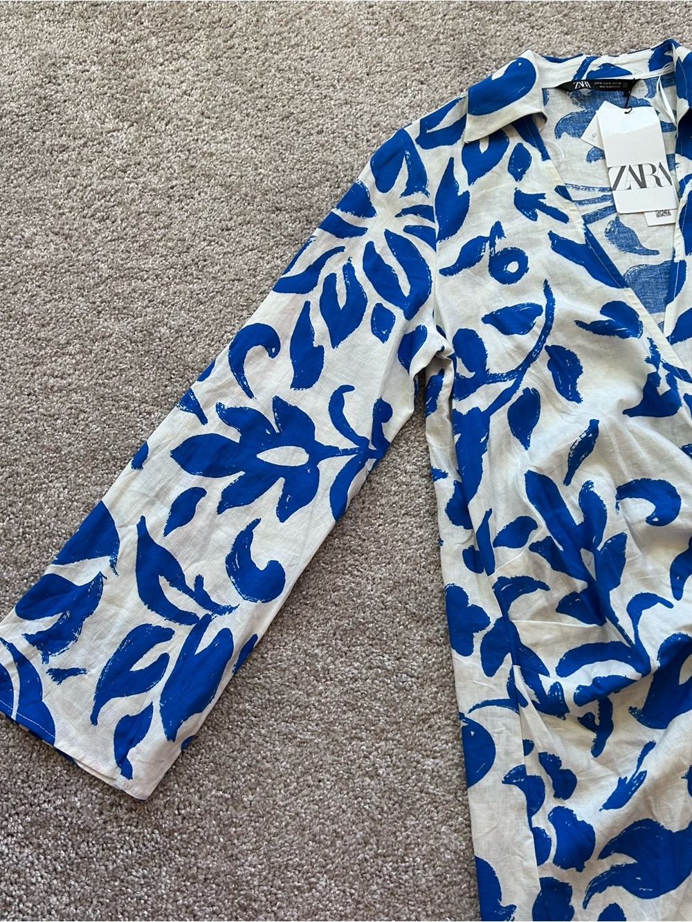 ZARA Linen Blend Floral Wrap Dress Medium NWT Blue White Tropical Abstract Mini - Picture 4 of 10